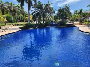 Six HutsBeachfront Condo directly on the private beach - Ground Floor的一个种有棕榈树的大型蓝色游泳池