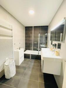 卢森堡Luxury Green Penthouse Terrace&Parking - 117的浴室配有两个盥洗盆和浴缸。