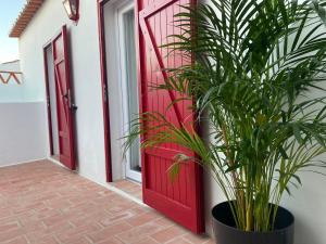 莫托拉Casa Vó Briata的红门和房子旁边的盆栽植物