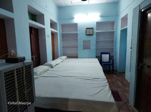 瓦拉纳西Maa Tara AC Home Stay的一间设有三张床的客房,位于蓝色的墙壁内