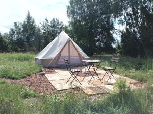 LaitilaGlamping Kiveinen的田野上带桌椅的帐篷