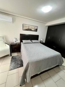特古西加尔巴Modern Condo in Ecovivienda的一间卧室设有一张大床和两个床头柜