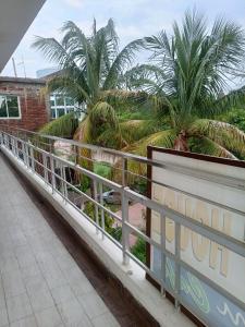 菩提伽耶The Gupta Guest House的一座棕榈树桥,在一座建筑的一侧