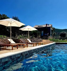 Alvoco das VárzeasQuinta das Levadas - Country House & Nature的一个带两把遮阳伞和椅子的游泳池以及一座房子
