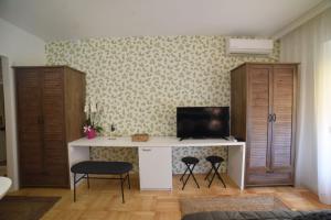 弗尔尼亚奇卡矿泉镇Studio Matovic Vrnjacka Banja的客房设有一张桌子、一台电视和两把椅子