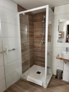 格朗维尔德斯巴恩斯酒店的浴室里设有玻璃门淋浴