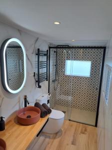 毕尔巴鄂奥特泰克斯酒店的带淋浴、卫生间和盥洗盆的浴室