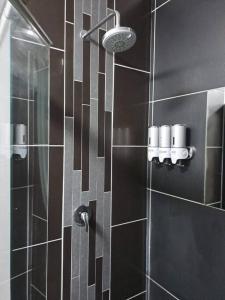 布隆方丹Mossie Nes - Self Catering的浴室设有黑色瓷砖淋浴。