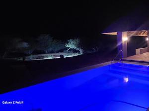侯斯普瑞特Thandolwami Bushlodge & Spa的享有游泳池的夜景,配有蓝色灯光