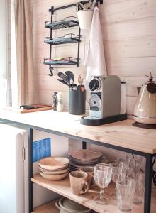 ChvalšinyTiny House的厨房架上摆放着碗碟和烤面包机