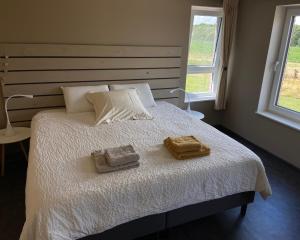 Villers-la-VilleB&B Les Autres Sens的一间卧室配有一张床,上面有两条毛巾
