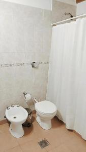 本塔纳山村Departamentos Ventana的一间带卫生间和淋浴帘的浴室