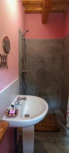 圣伊斯特维-德帕劳托德拉Can Parròquia的浴室设有粉红色墙壁,配有白色水槽