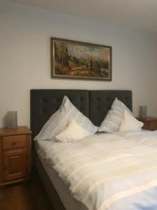 博登迈斯Hotel Tannenhof的一张带白色枕头的床和一张墙上的照片