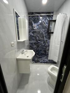 巴统MT House的白色的浴室设有水槽和卫生间。