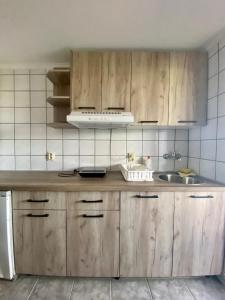 索科矿泉村Vidikovac的一个带木制橱柜和水槽的厨房