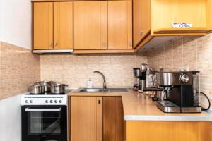 马塔拉Stelios Apartment的厨房配有木制橱柜和炉灶烤箱。