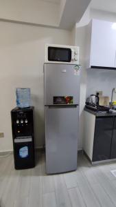 内罗毕Sylvia Studio Apartment的厨房配有冰箱上方的微波炉
