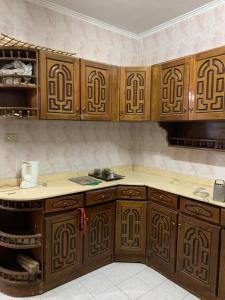 法尤姆Azzam Guest House 1 families only的一个带木制橱柜和水槽的厨房