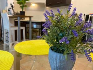 圣丹尼斯Charmant T2 - Moufia Sainte-Clotilde vue Mer & Montagne的花瓶,花朵盛满紫色,坐在桌子旁
