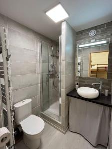 莱德萨阿尔卑斯4 pers, pied des pistes, WIFI, Netflix, Lave-vaisselle的浴室配有卫生间、盥洗盆和淋浴。