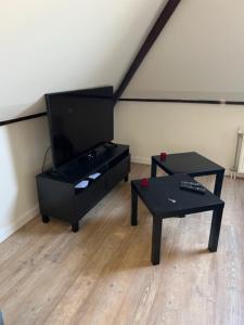 鹿特丹MyCityLofts的客厅配有2张桌子和电视