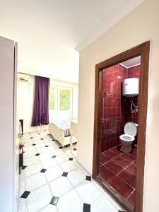 乌雷基Hotel Tbiliselebi的带淋浴和卫生间的浴室。
