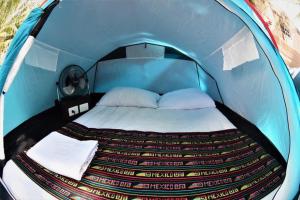 奥尔沃克斯岛Kin Hostal and Camping的蓝色伊瓜纳帐篷内的一张床位