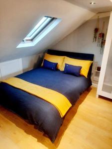 伦敦Alross studio flat / private bathroom的一间卧室配有一张蓝色和黄色的大床