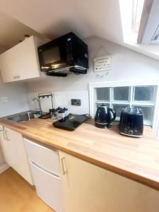 伦敦Alross studio flat / private bathroom的厨房柜台设有水槽和微波炉