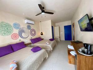 奥尔沃克斯岛sunsteps purple room的客厅配有两张床和吊扇