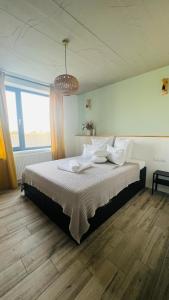 穆里吉奥尔Vila Lac的一间卧室配有一张带白色床单和吊灯的床。