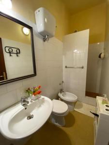 巴尼圣菲利波Podere San Biagio的一间带水槽、卫生间和镜子的浴室