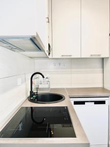 赫尔采格诺维Apartman Misovic的厨房配有水槽和白色橱柜
