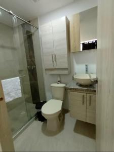 亚美尼亚Arboleda Real Hospedaje的浴室配有卫生间、盥洗盆和淋浴。