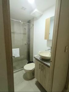 亚美尼亚Arboleda Real Hospedaje的浴室配有卫生间、盥洗盆和淋浴。