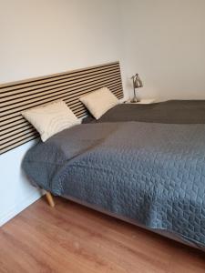 海宁Tæt på Centrum & MCH/Boxen - Huset nr. 11的一间卧室配有两张床和床头板