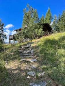 Beautiful Swiss chalet with breathtaking views and a sauna的通往山丘上房屋的石头小径