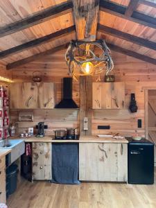 雅莱Le chalet du Hélivy的厨房设有木墙和带吊灯的天花板。