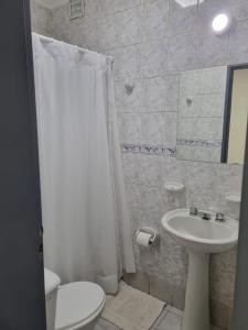 里奥加耶戈斯Hermoso departamento con patio en Rio Gallegos的浴室设有白色的淋浴帘和水槽