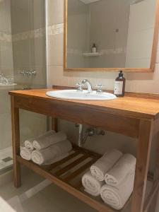 卡薇亚惠Villa Maihue departamentos de montaña - Caviahue的浴室配有水槽和毛巾。