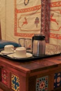 斋沙默尔Shrinath Desert Camp的茶壶和茶杯托盘