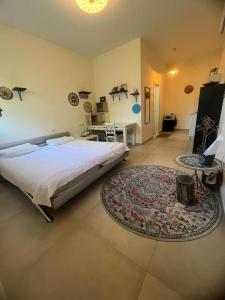 Tirat Karmelנקודות ריפוי的一间卧室配有一张大床和地毯。