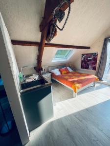 Studio au bord de la forêt de Perseigne的一间带床和水槽的小卧室