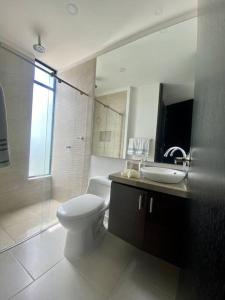 吉拉尔多特Hermosa casa de campo con piscina Girardot flandes的浴室配有卫生间、盥洗盆和淋浴。
