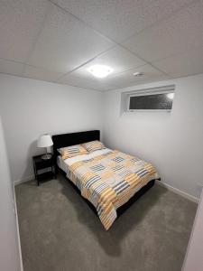 温尼伯Well furnished 1 Bedroom Basement Suite的一间白色客房内的床铺卧室