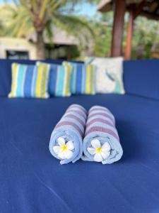 瑟克通Seaside Villa Kecil的蓝桌上带白色花的两条毛巾