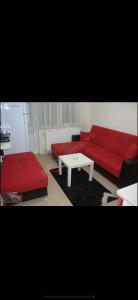 伯萨Uraz Apart的客厅配有红色沙发和茶几