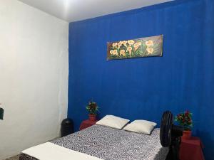 莫约加尔帕Casa Esmeralda的一间设有蓝色墙壁的客房,里面设有一张床
