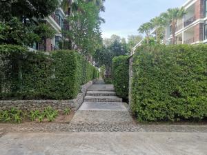 拉威海滩Rawai beachfront - The Title Condominium的两座灌木丛和一座建筑之间的路径